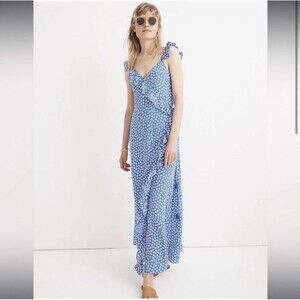 Madewell Ruffled Wrap Maxi Dress Mini Daisy Print Tassel Tie Size 8 Blue V-Neck